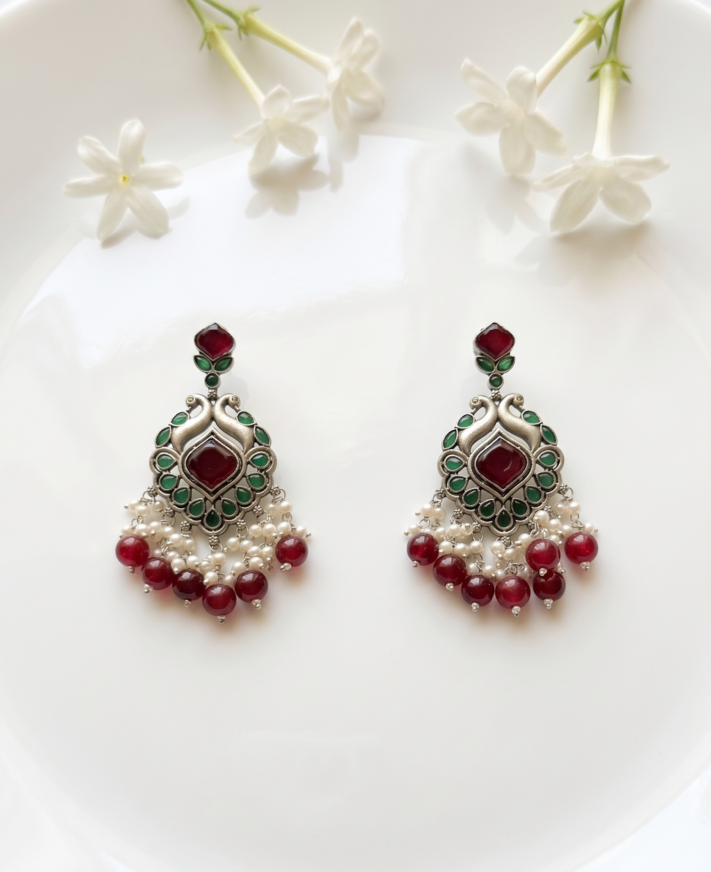 Silver Oxidised Peacock Bead Drop Earrings - Deep Red