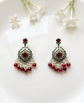 Silver Oxidised Peacock Bead Drop Earrings - Deep Red