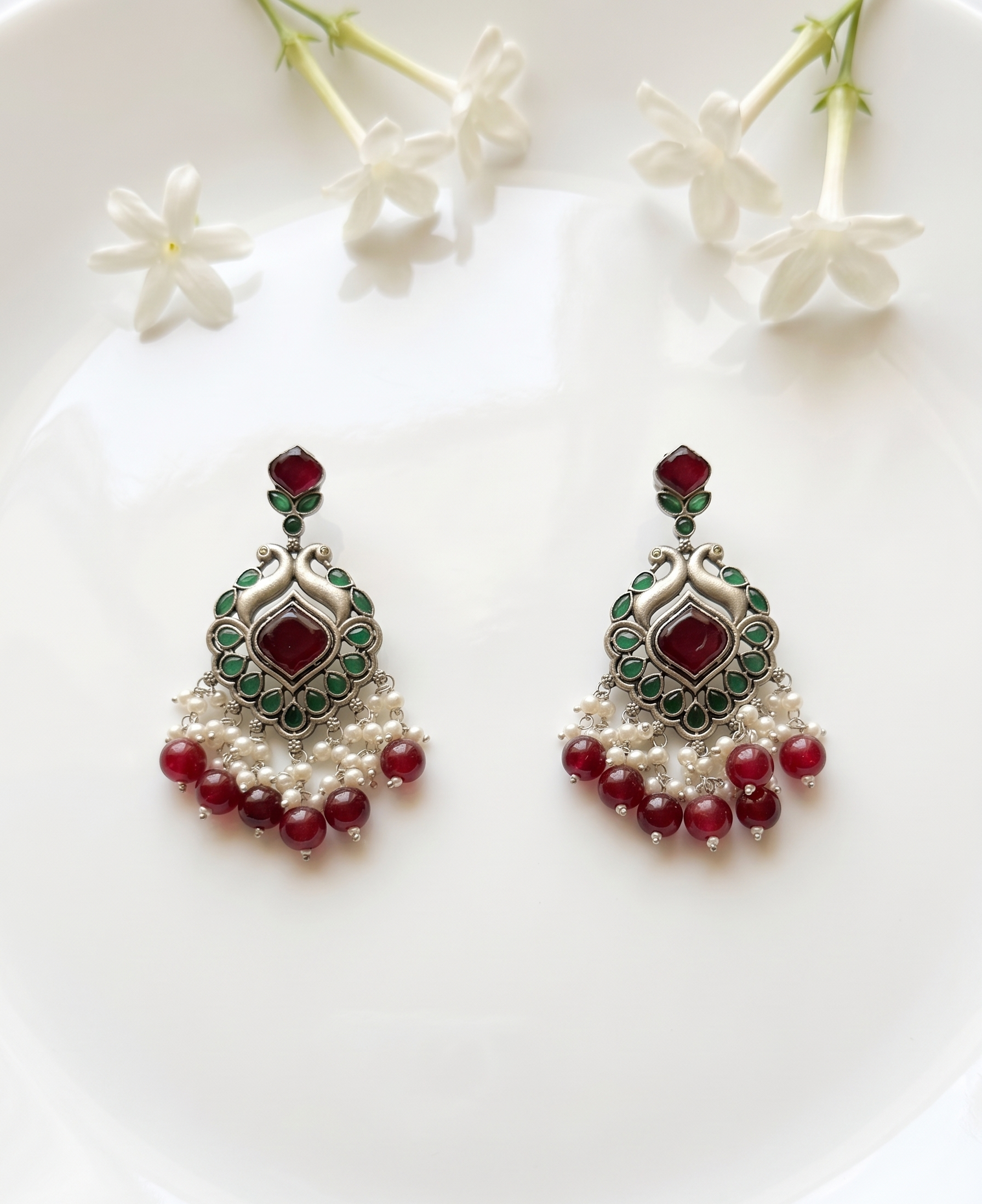 Silver Oxidised Peacock Bead Drop Earrings - Deep Red