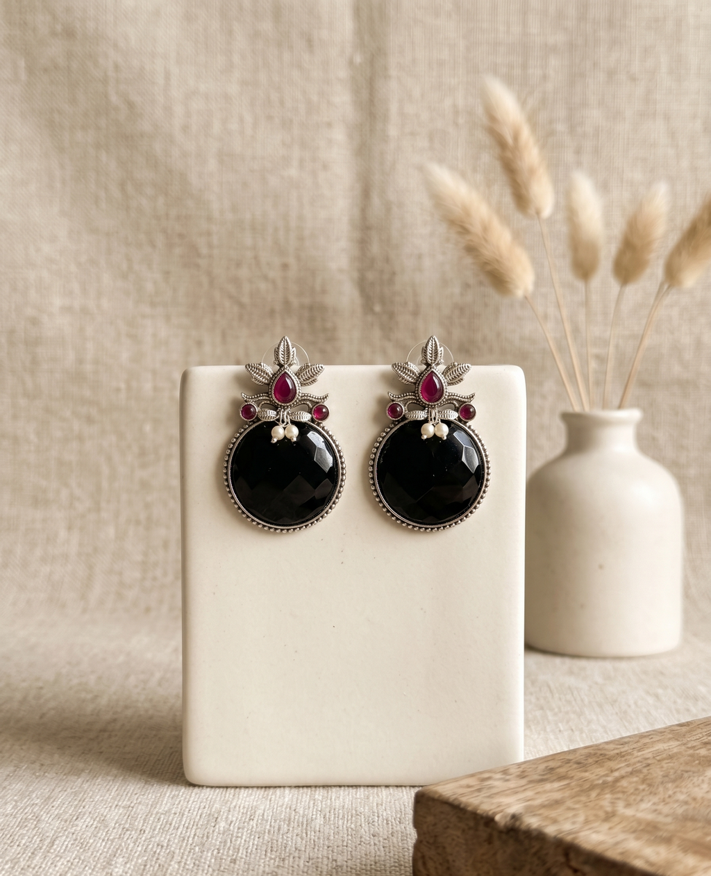 Oxidised Black Stone Stud Earrings