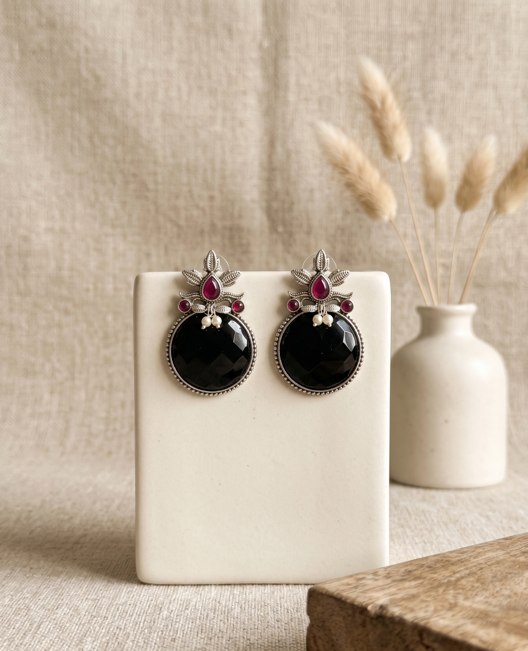 Oxidised Black Stone Stud Earrings