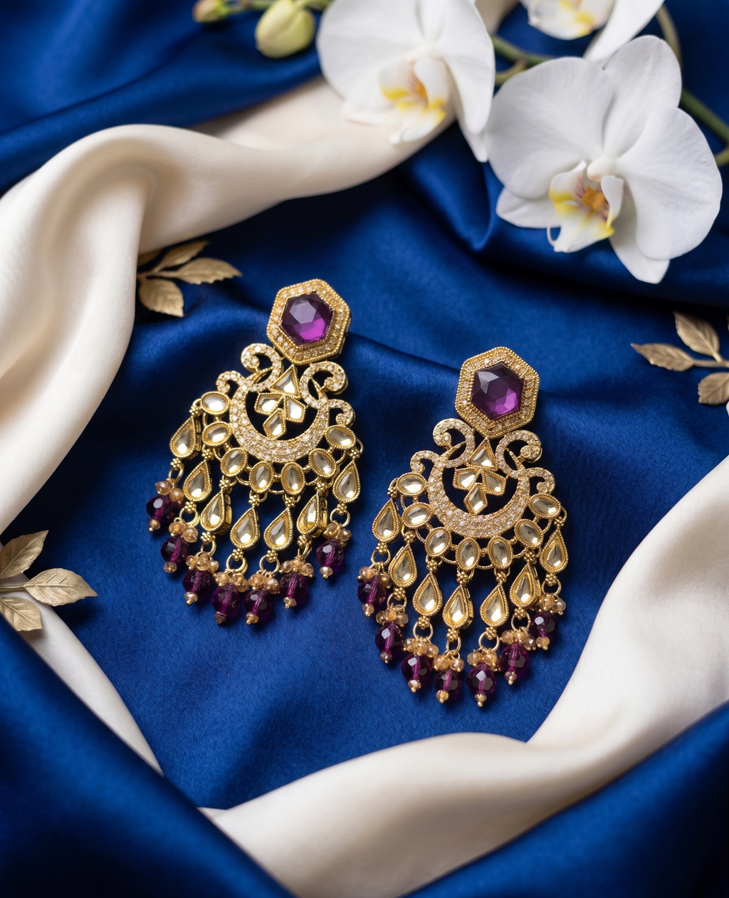 Zehra Kundan Statement Drops - Wine Plum
