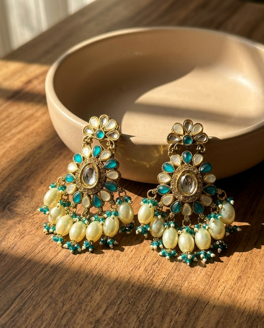 Bloom Chandbali Drops - Aqua Sage