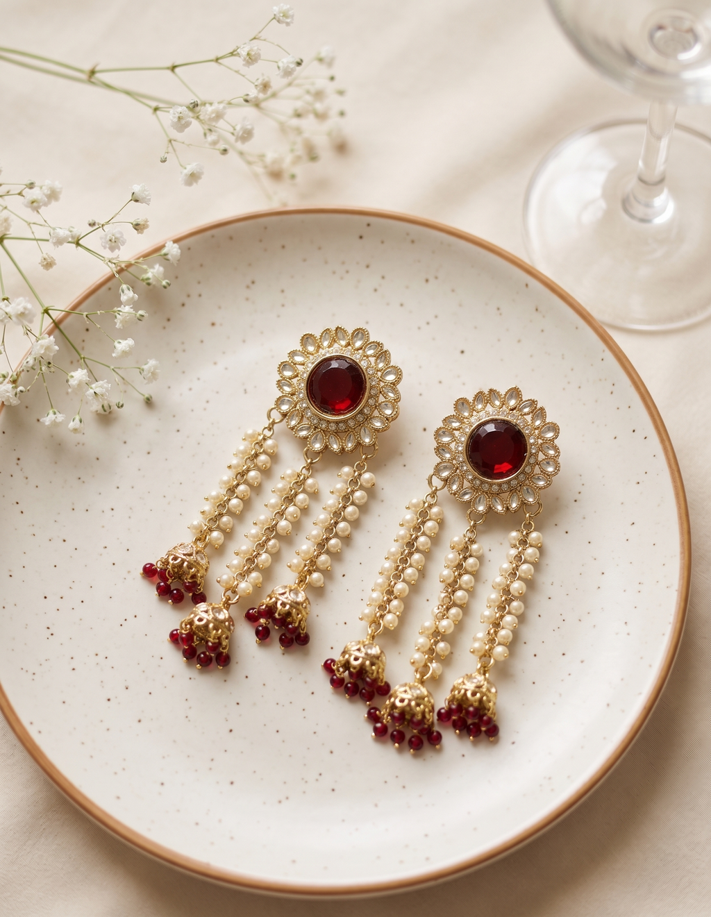 Noorza Kundan Tassel Drops - Ruby Red