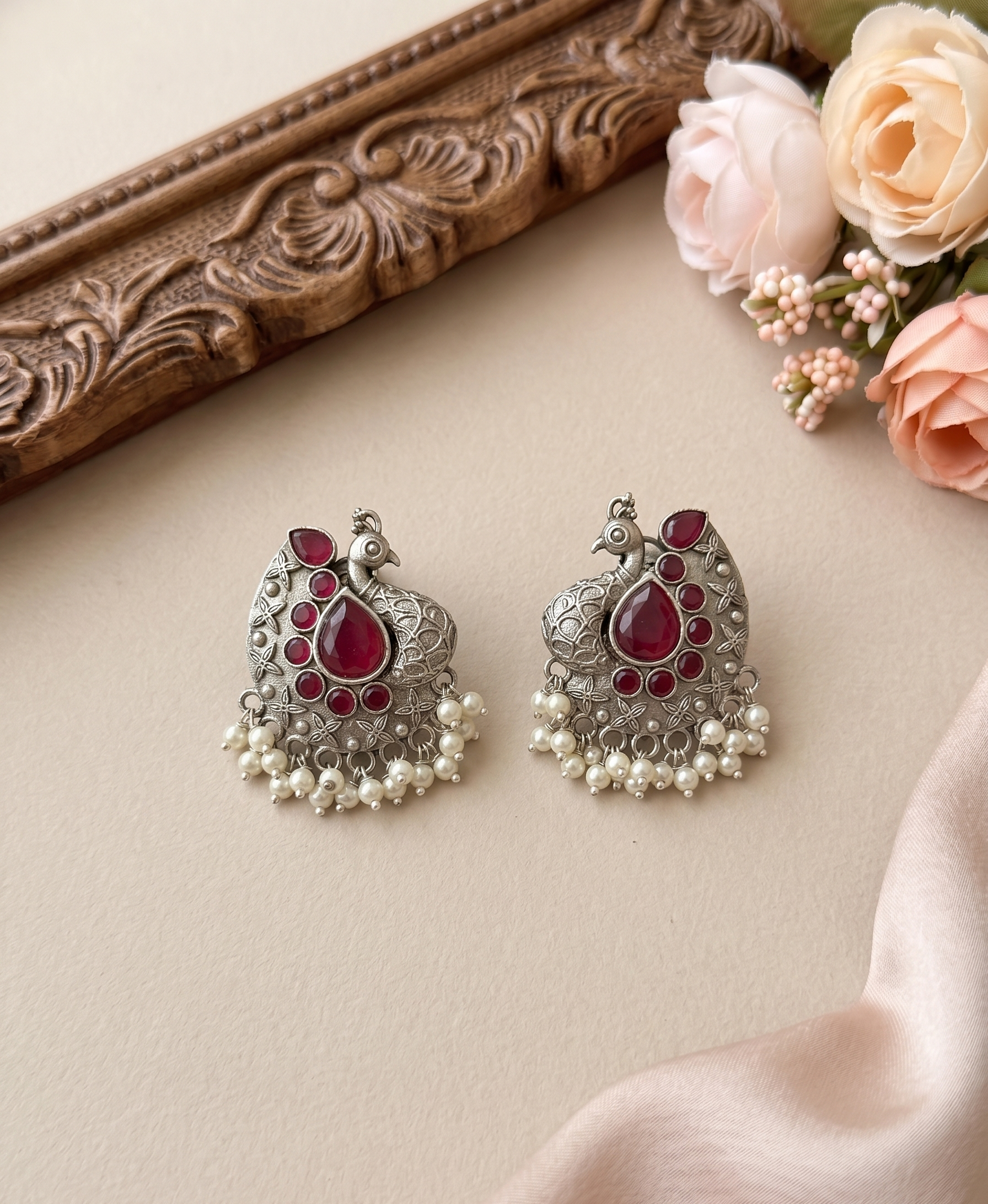 Silver Oxidised Peacock Drop Earrings - Magenta