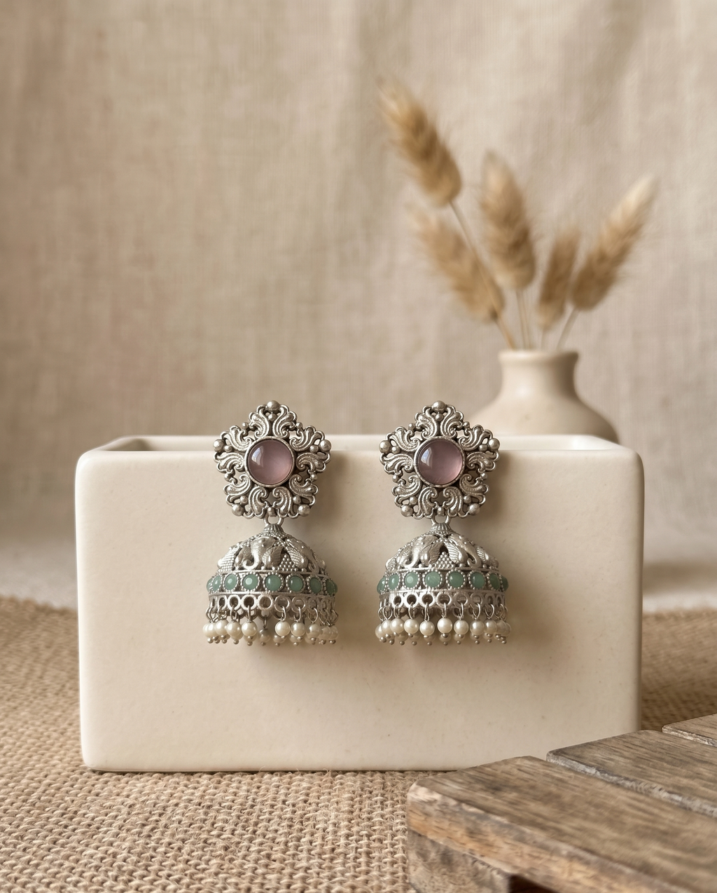 Silver Oxidised Stone Jhumka Earrings - Blush Pink