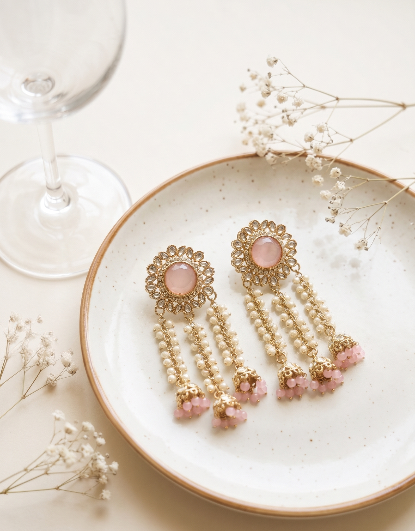Noorza Kundan Tassel Drops - Blush Petal