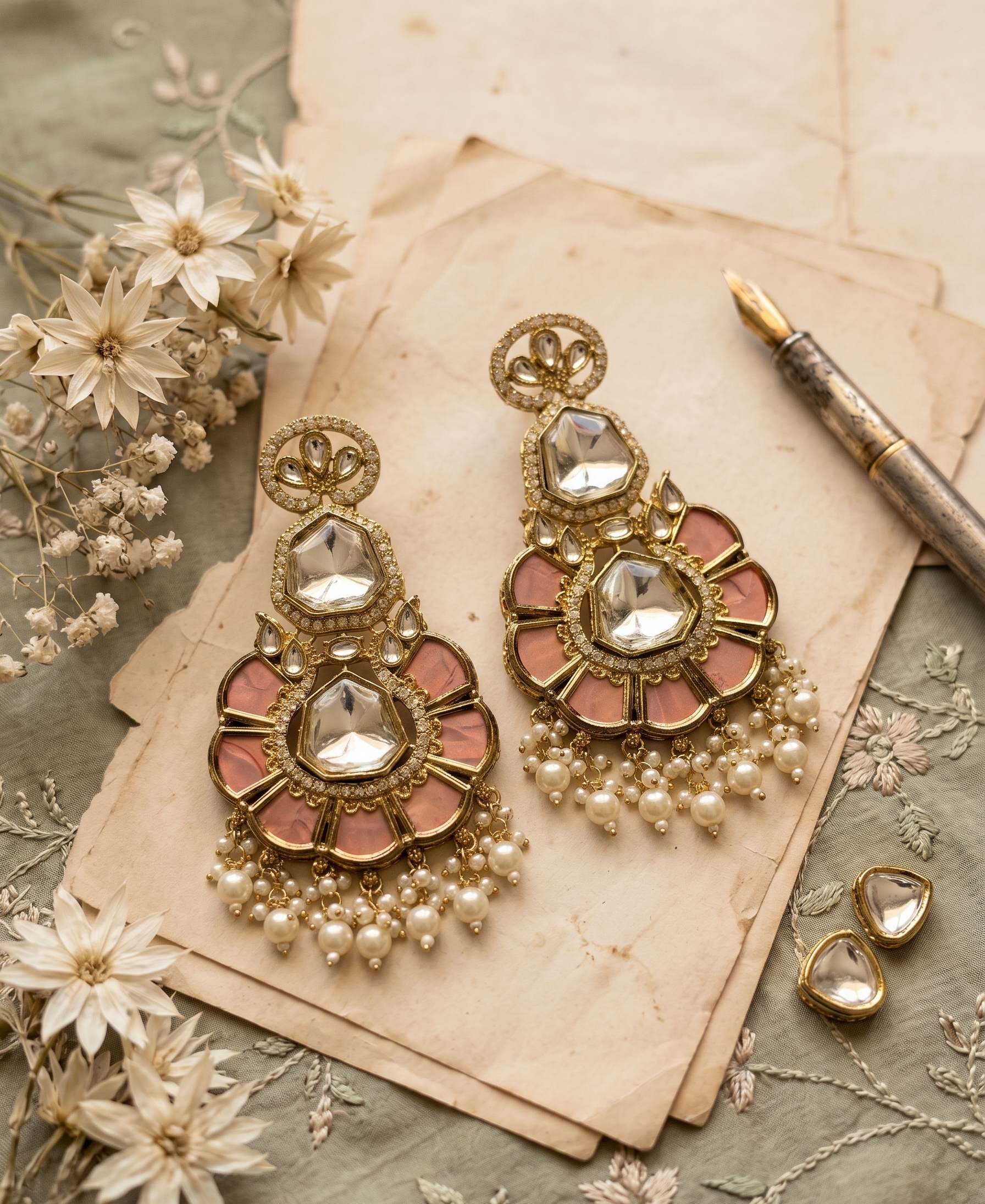 Veloura Kundan Floral Drops - Peach Love
