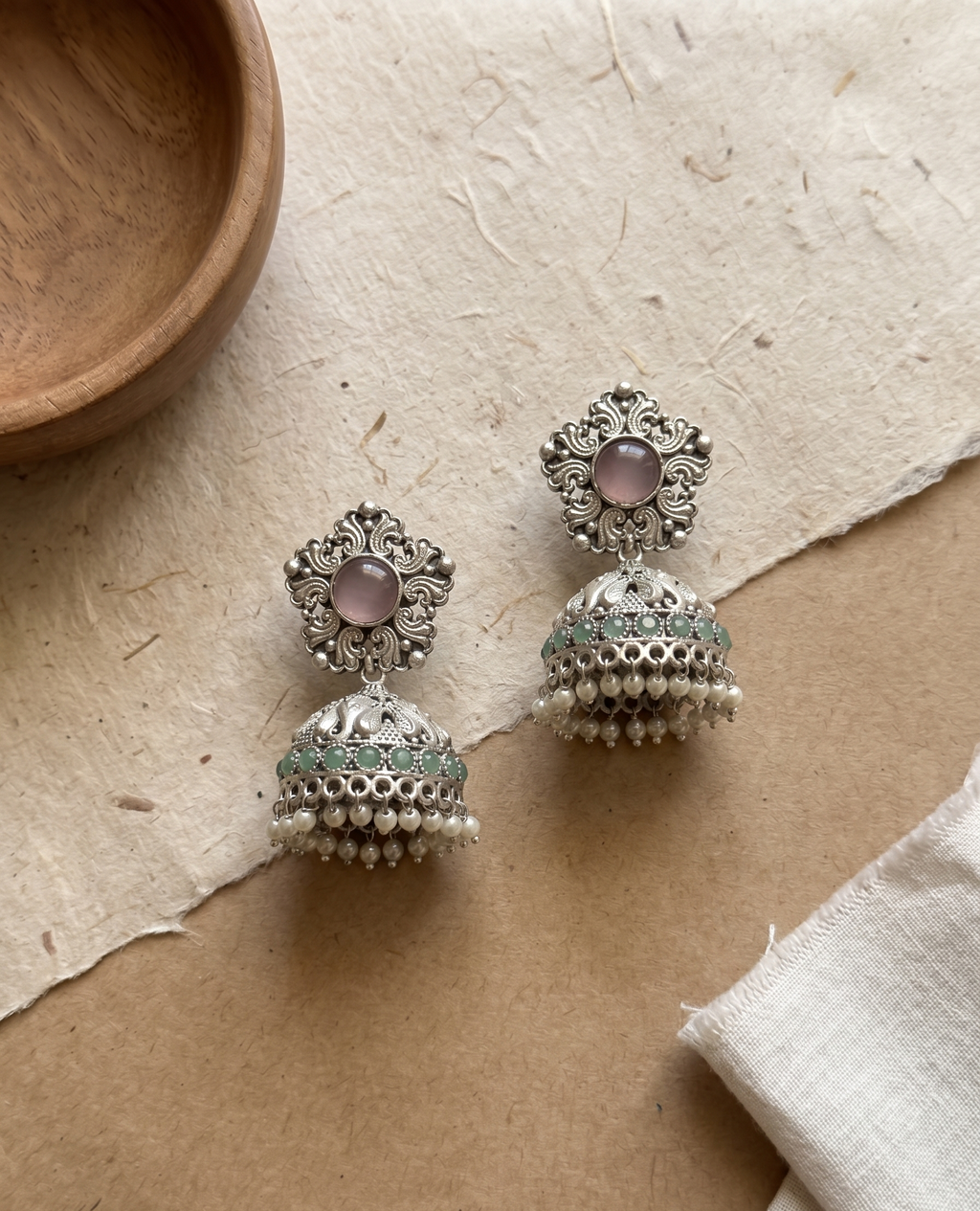 Silver Oxidised Stone Jhumka Earrings - Blush Pink