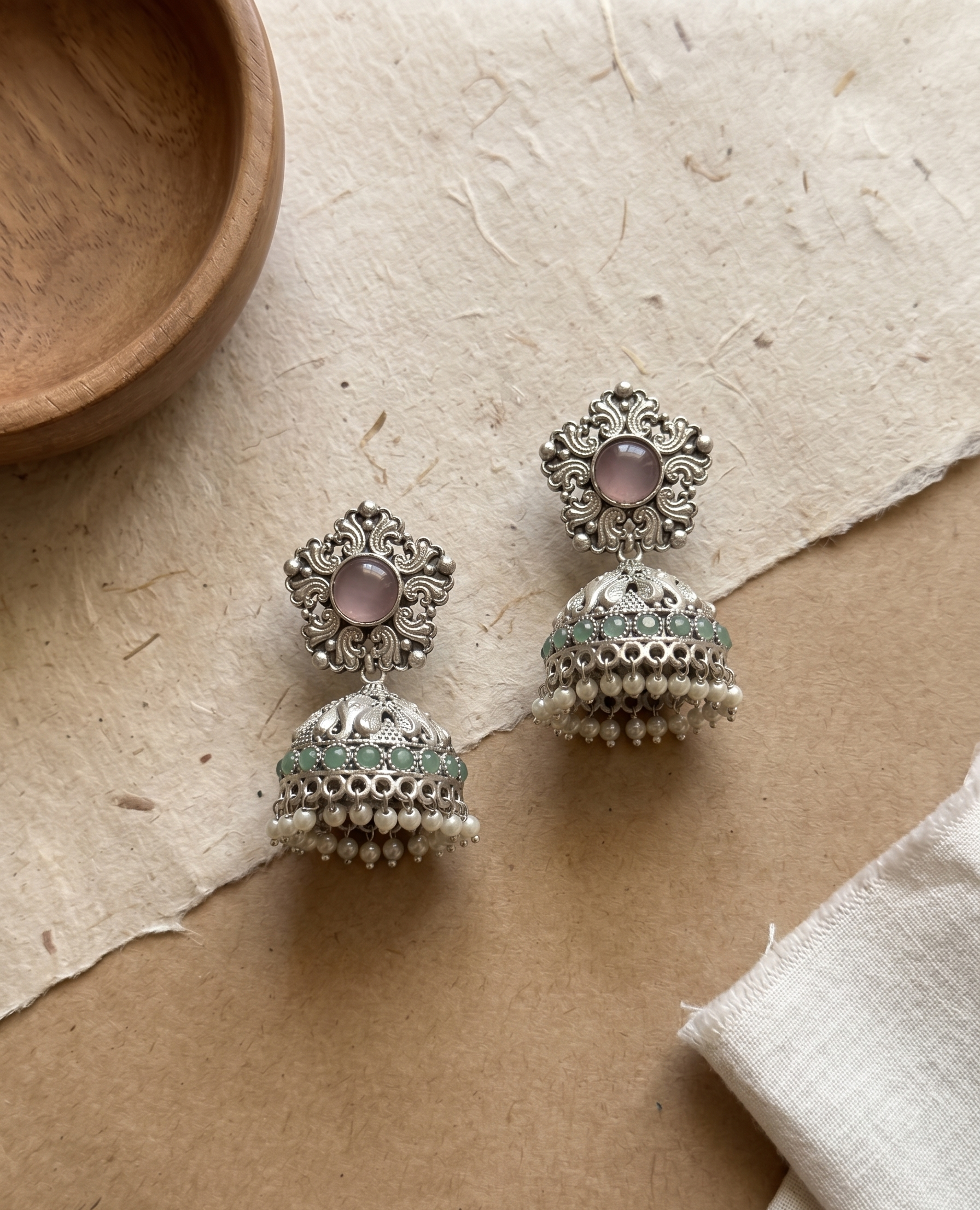 Silver Oxidised Stone Jhumka Earrings - Blush Pink