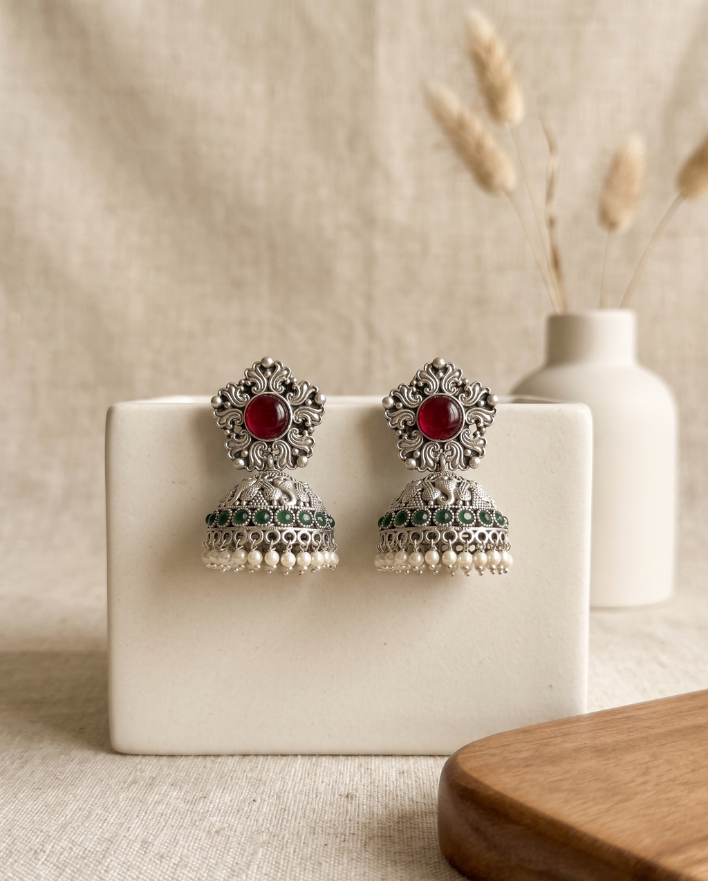 Silver Oxidised Stone Jhumka Earrings - Red