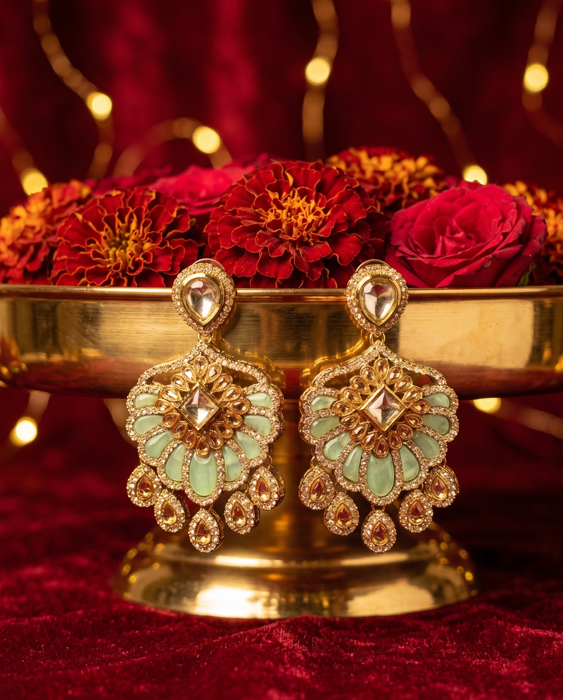 Elaria Kundan Floral Drops - Mint Muse
