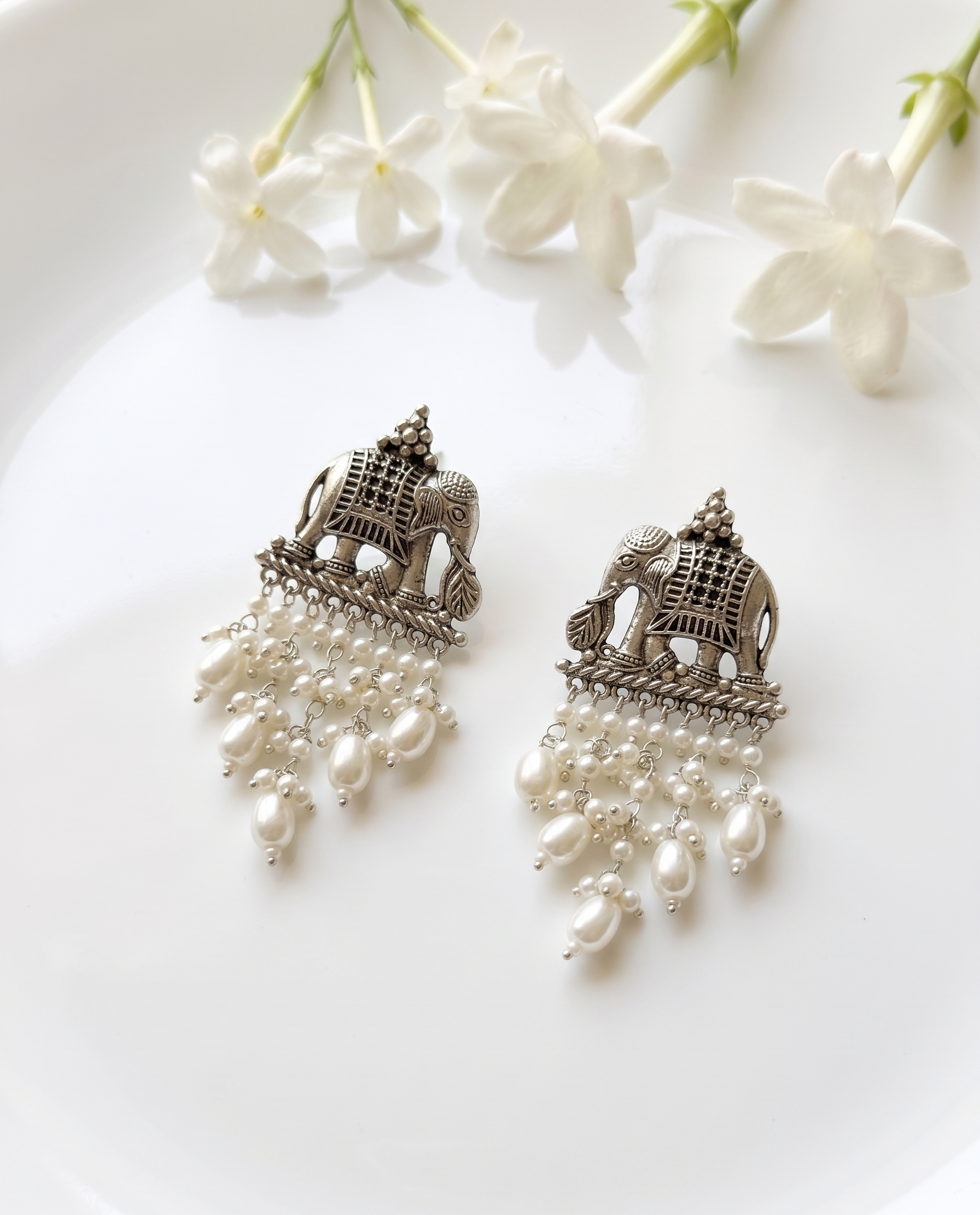 Silver Oxidised Elephant Pearl Drop Earrings