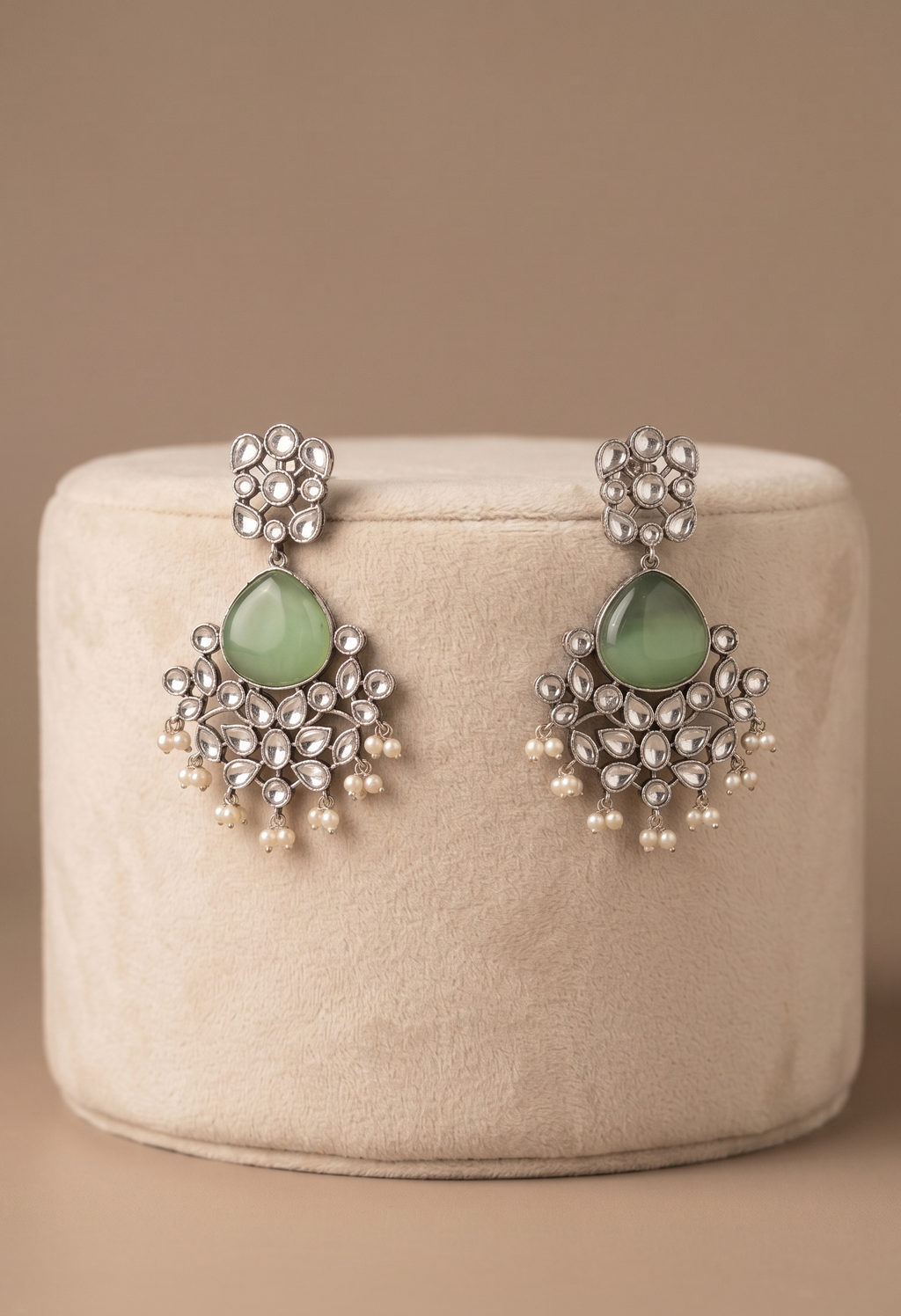 Silver Oxidised Green Stone Drop Earrings