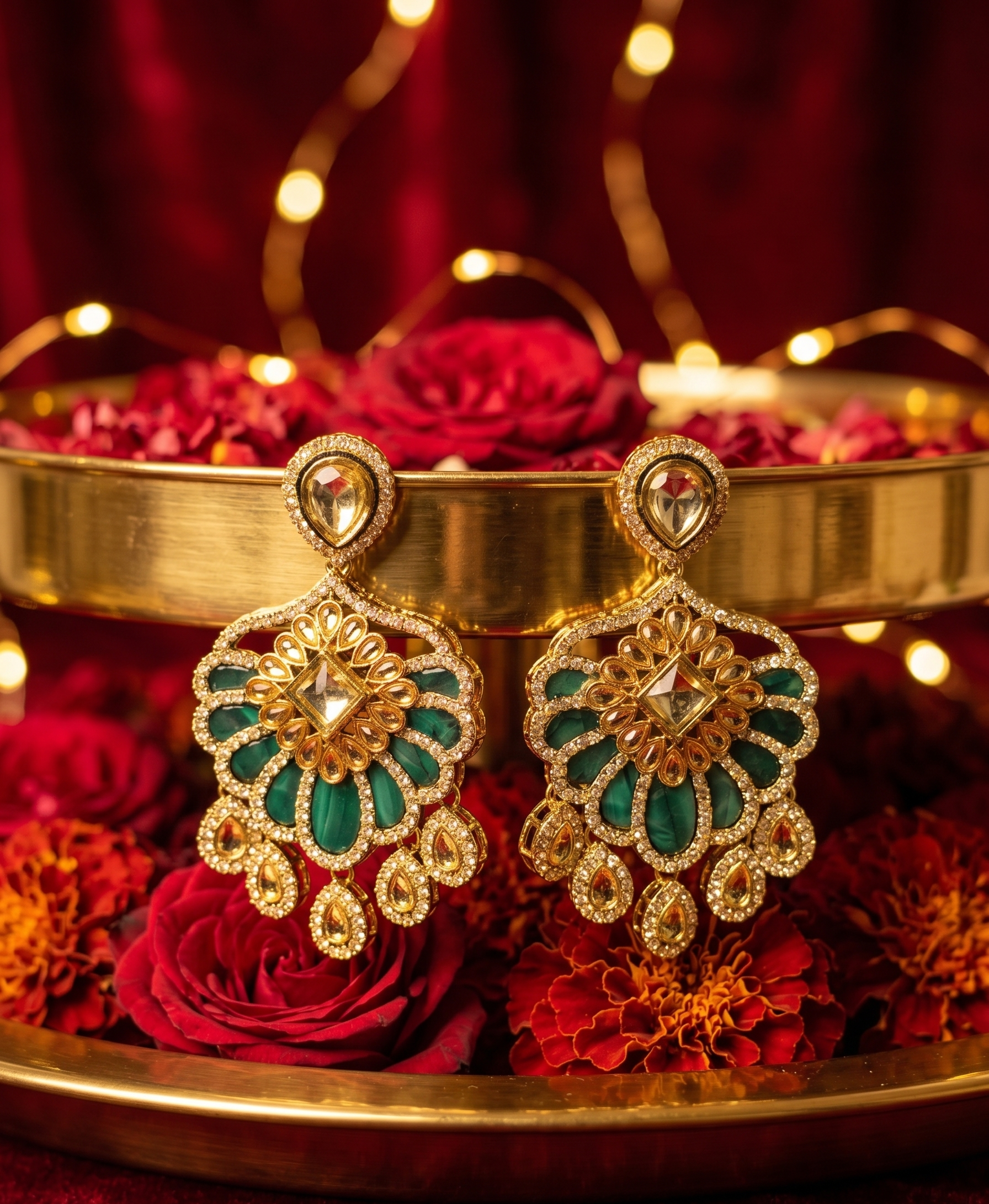 Elaria Kundan Floral Drops - Forest Green