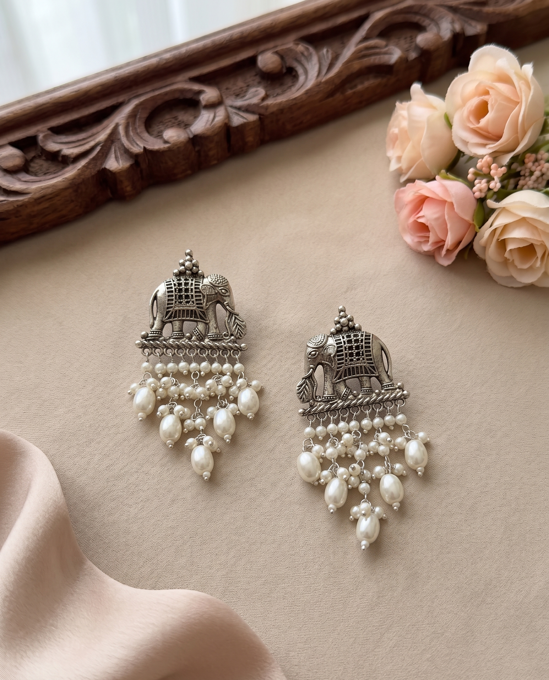 Silver Oxidised Elephant Pearl Drop Earrings