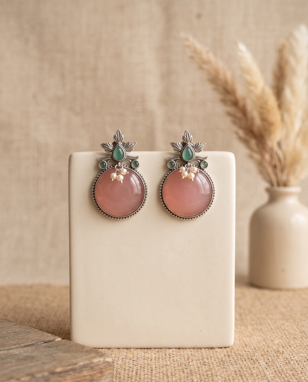 Oxidised Pink Stone Stud Earrings