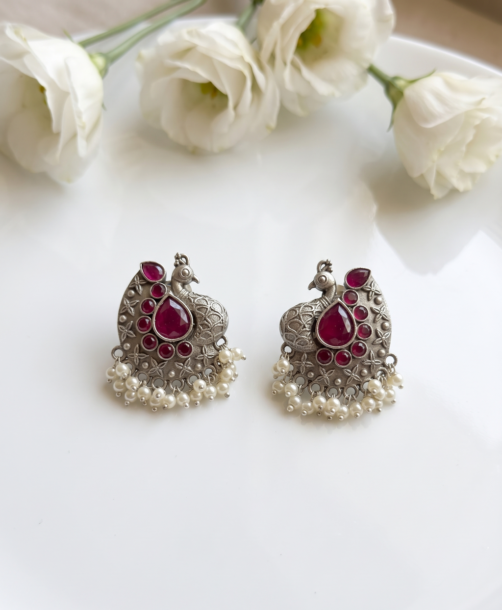 Silver Oxidised Peacock Drop Earrings - Magenta
