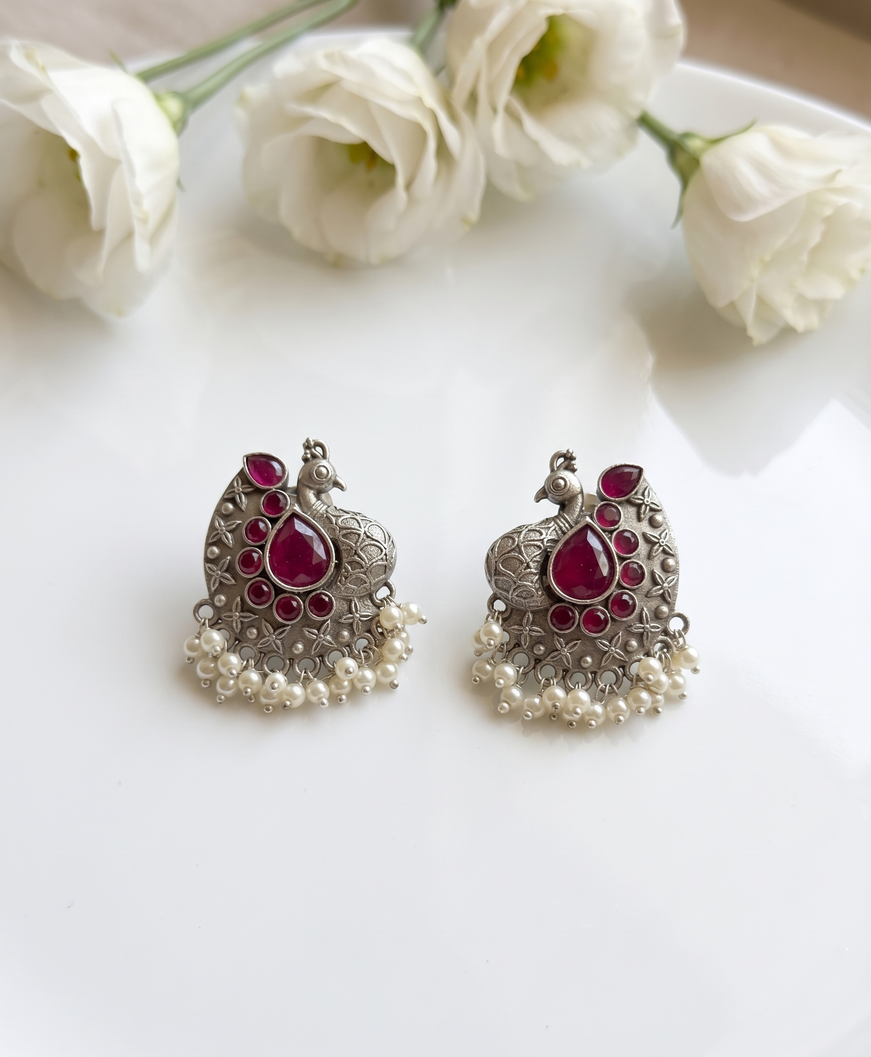 Silver Oxidised Peacock Drop Earrings - Magenta