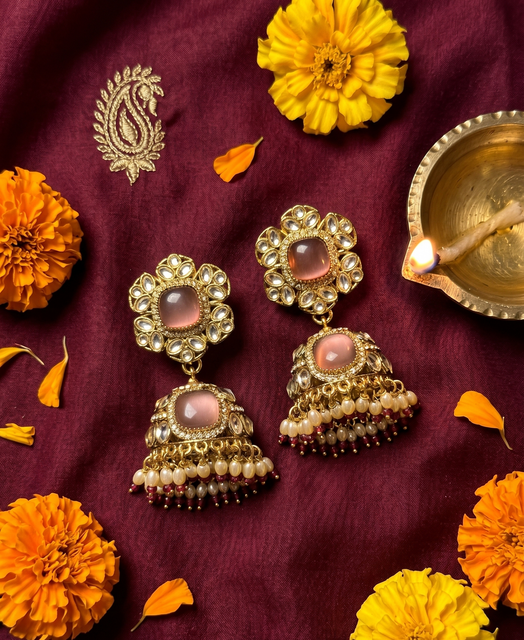 Ruhani Kundan Jhumkas - Rose Deep Lavender