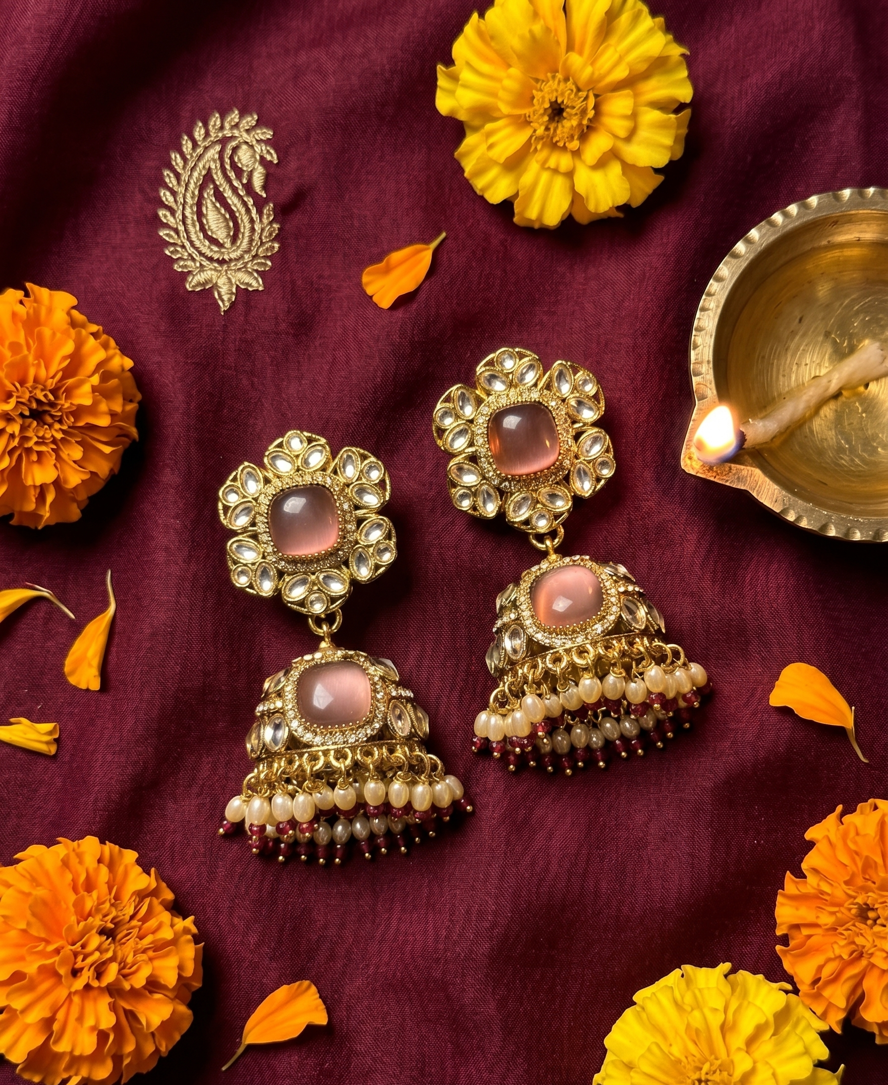 Ruhani Kundan Jhumkas - Rose Deep Lavender