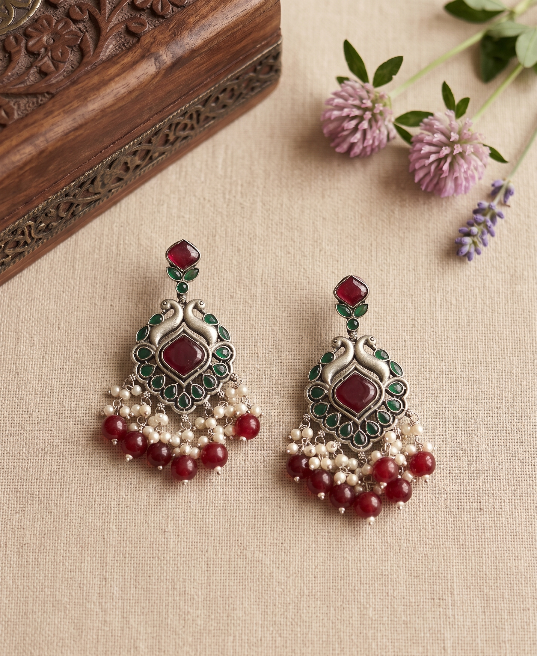 Silver Oxidised Peacock Bead Drop Earrings - Deep Red