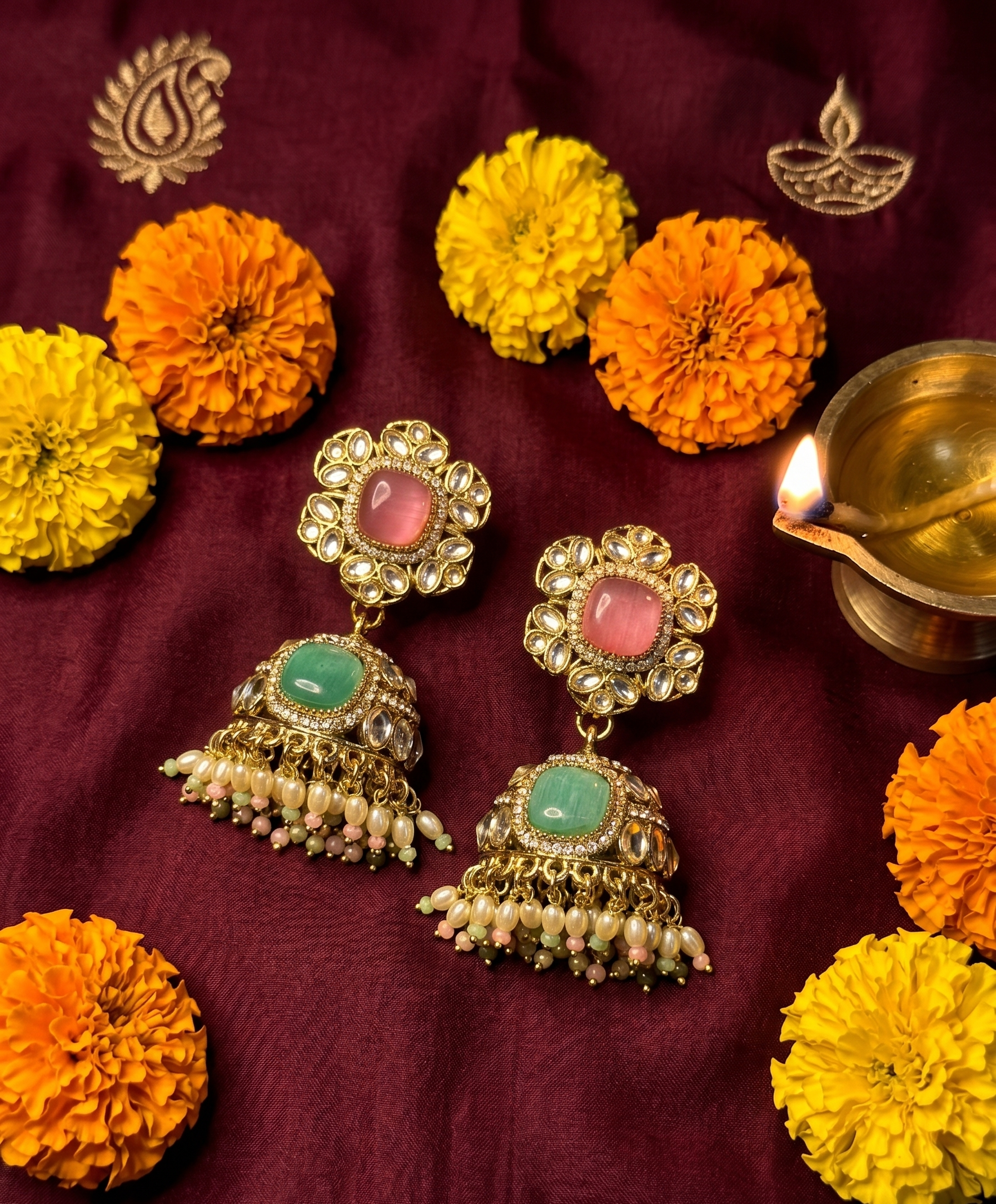 Ruhani Kundan Jhumkas - Blossom and Mint
