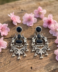 Silver Oxidised Black Stone Peacock Drop Earrings