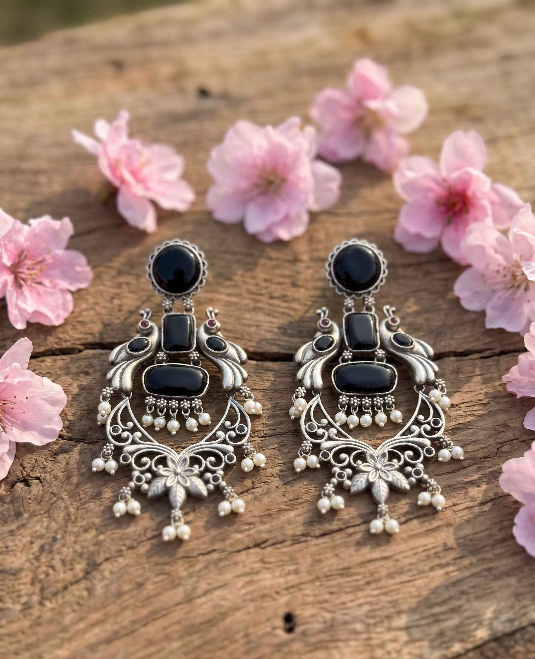 Silver Oxidised Black Stone Peacock Drop Earrings