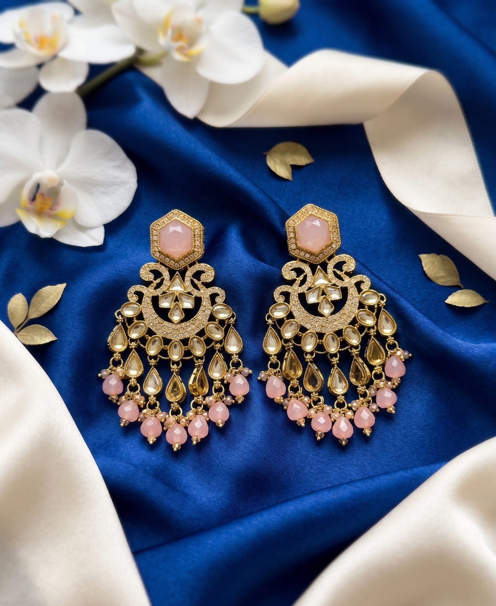 Zehra Kundan Statement Drops - Pink Blossom