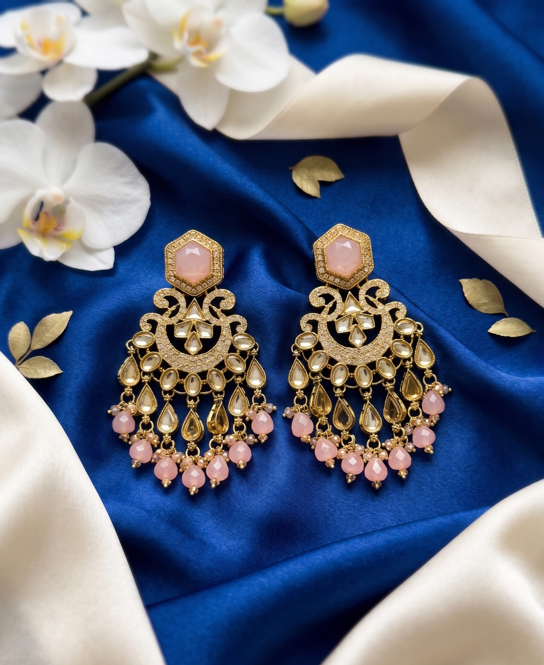 Zehra Kundan Statement Drops - Pink Blossom