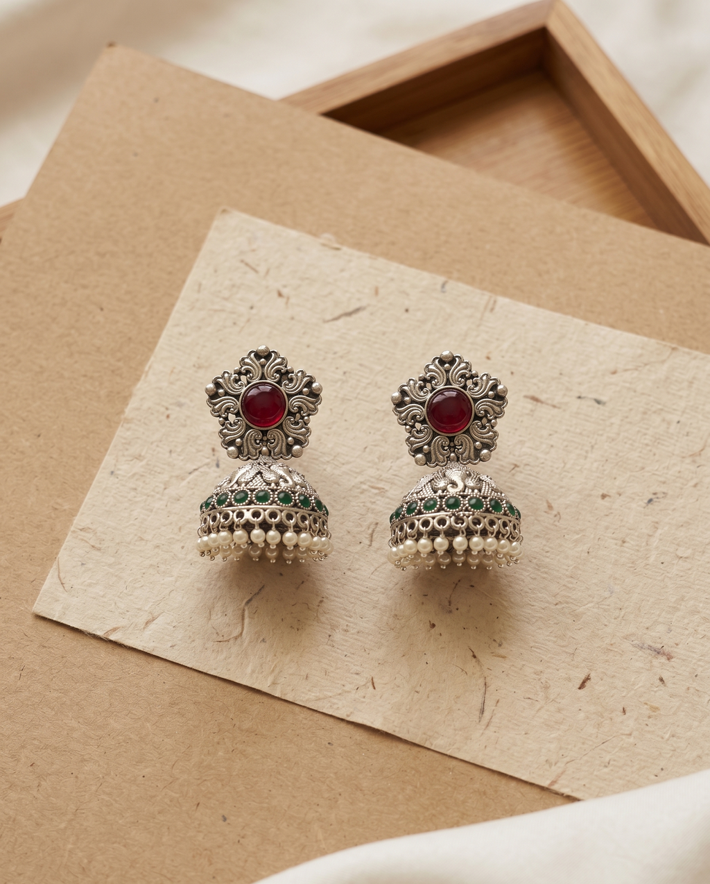 Silver Oxidised Stone Jhumka Earrings - Red