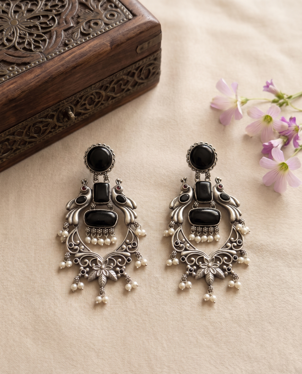 Silver Oxidised Black Stone Peacock Drop Earrings