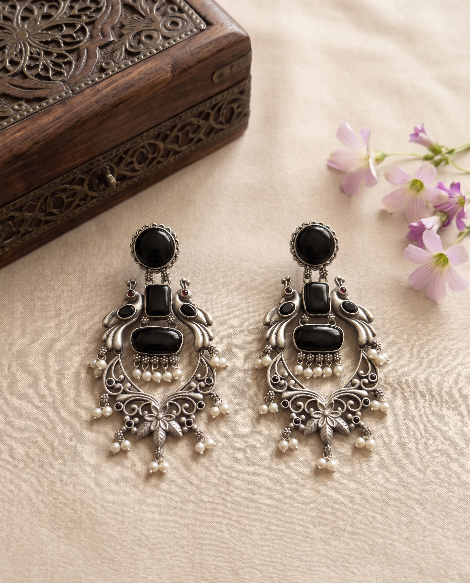 Silver Oxidised Black Stone Peacock Drop Earrings