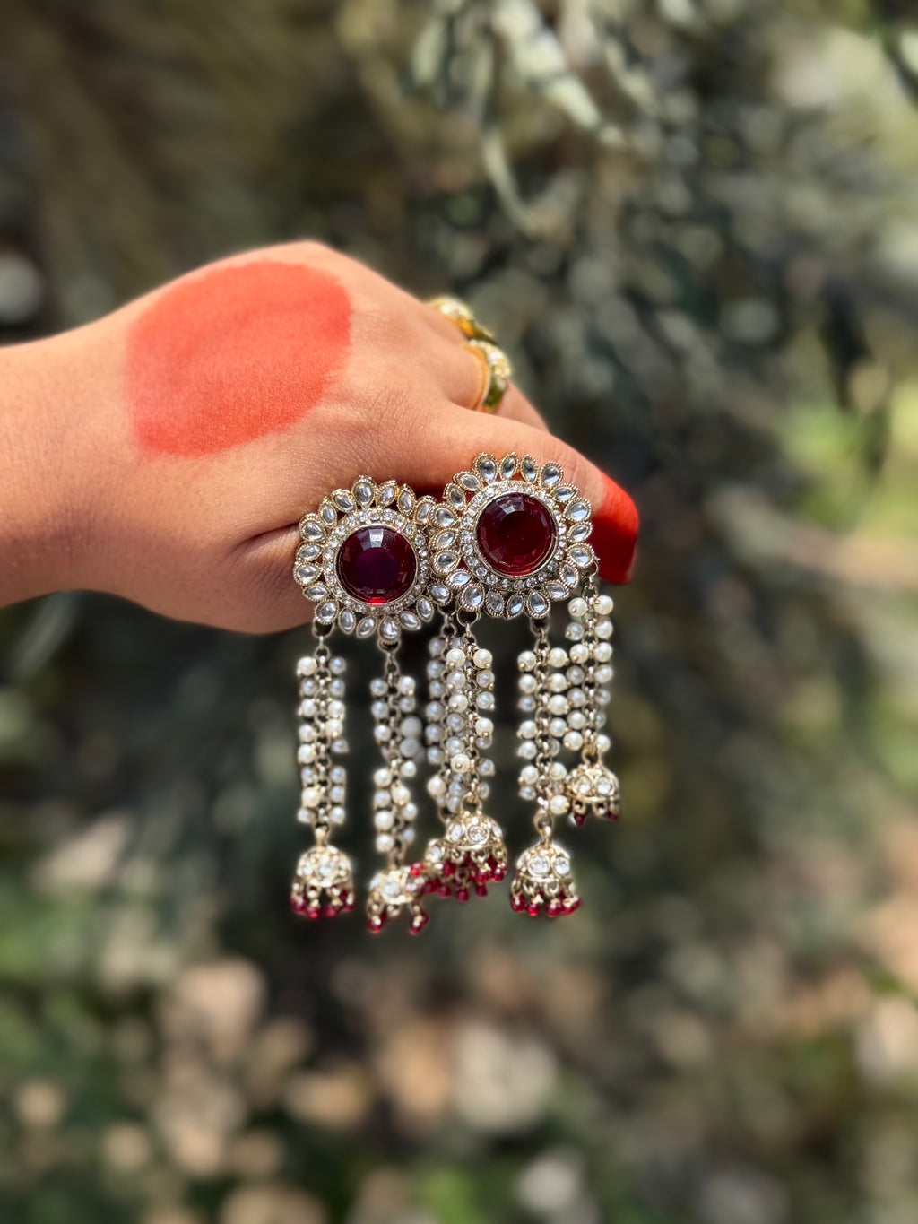 Noorza Kundan Tassel Drops - Ruby Red