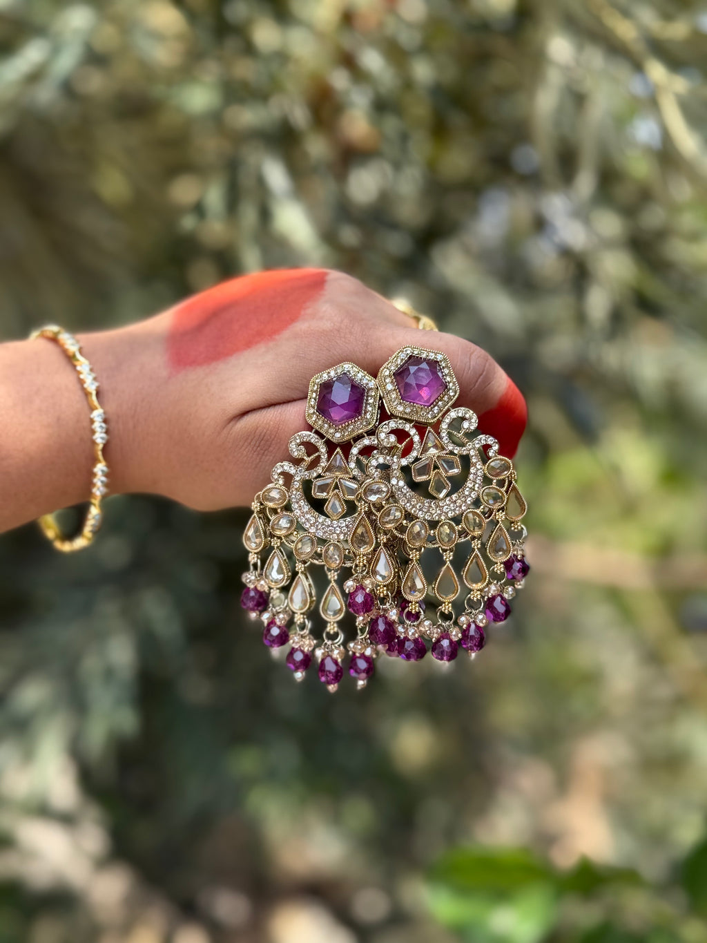 Zehra Kundan Statement Drops - Wine Plum