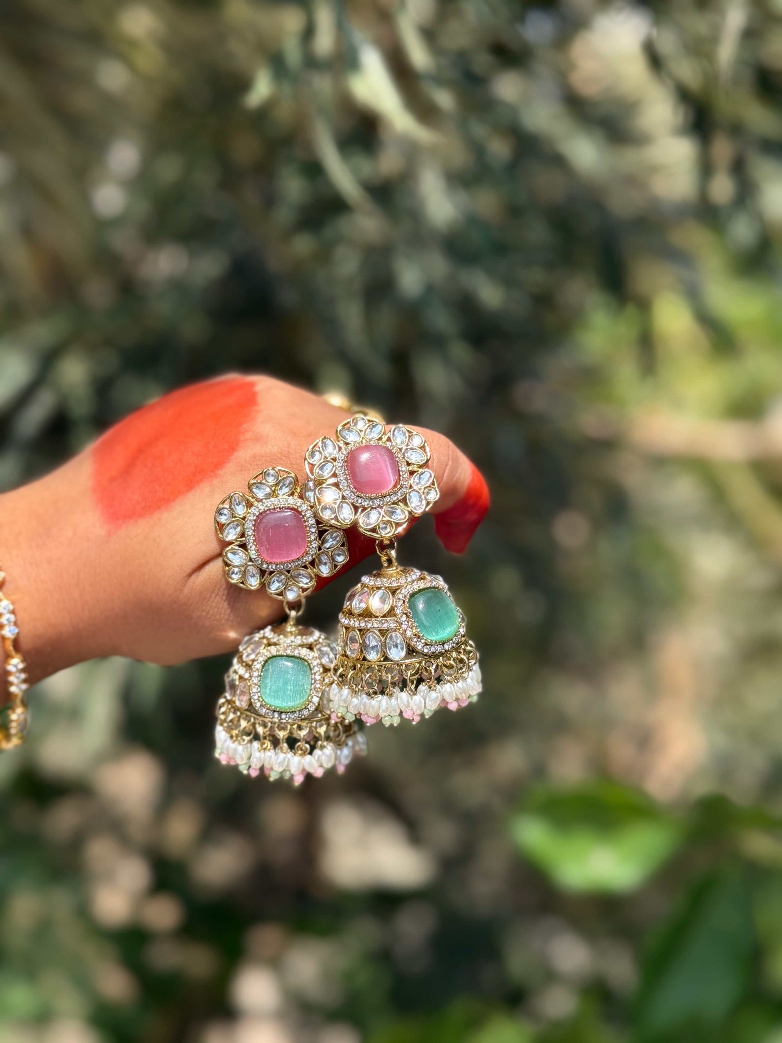 Ruhani Kundan Jhumkas - Blossom and Mint