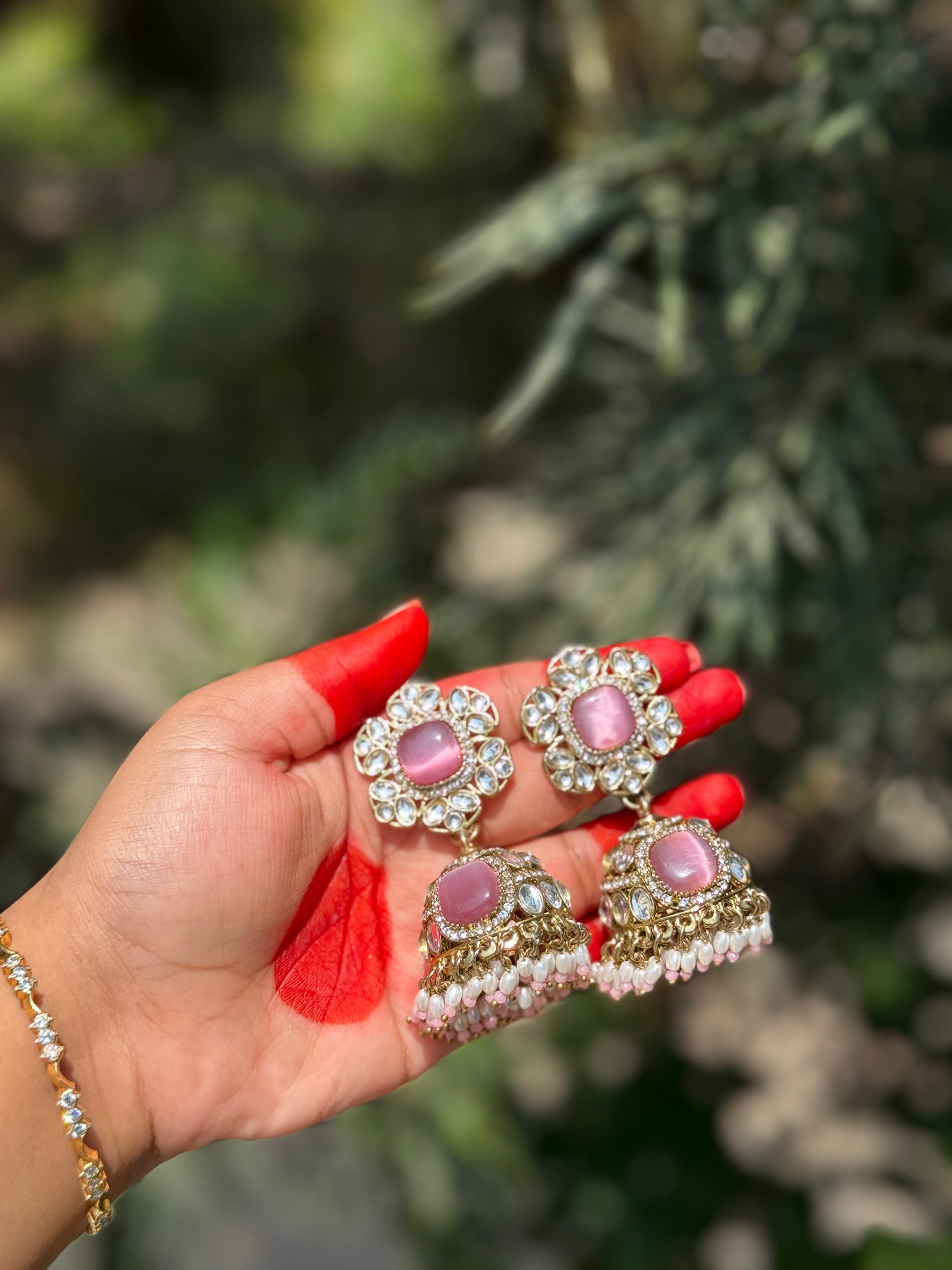 Ruhani Kundan Jhumkas - Pink Rose Bloom