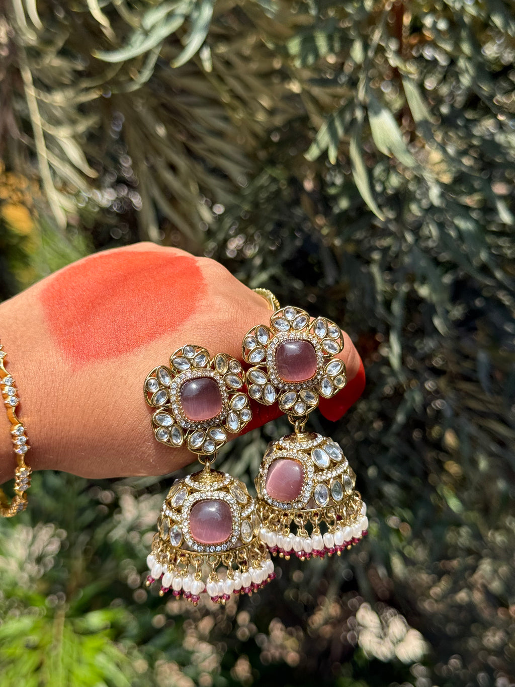Ruhani Kundan Jhumkas - Rose Deep Lavender