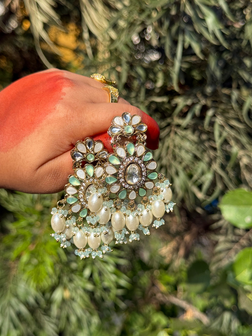 Bloom Chandbali Drops - Mint Frost