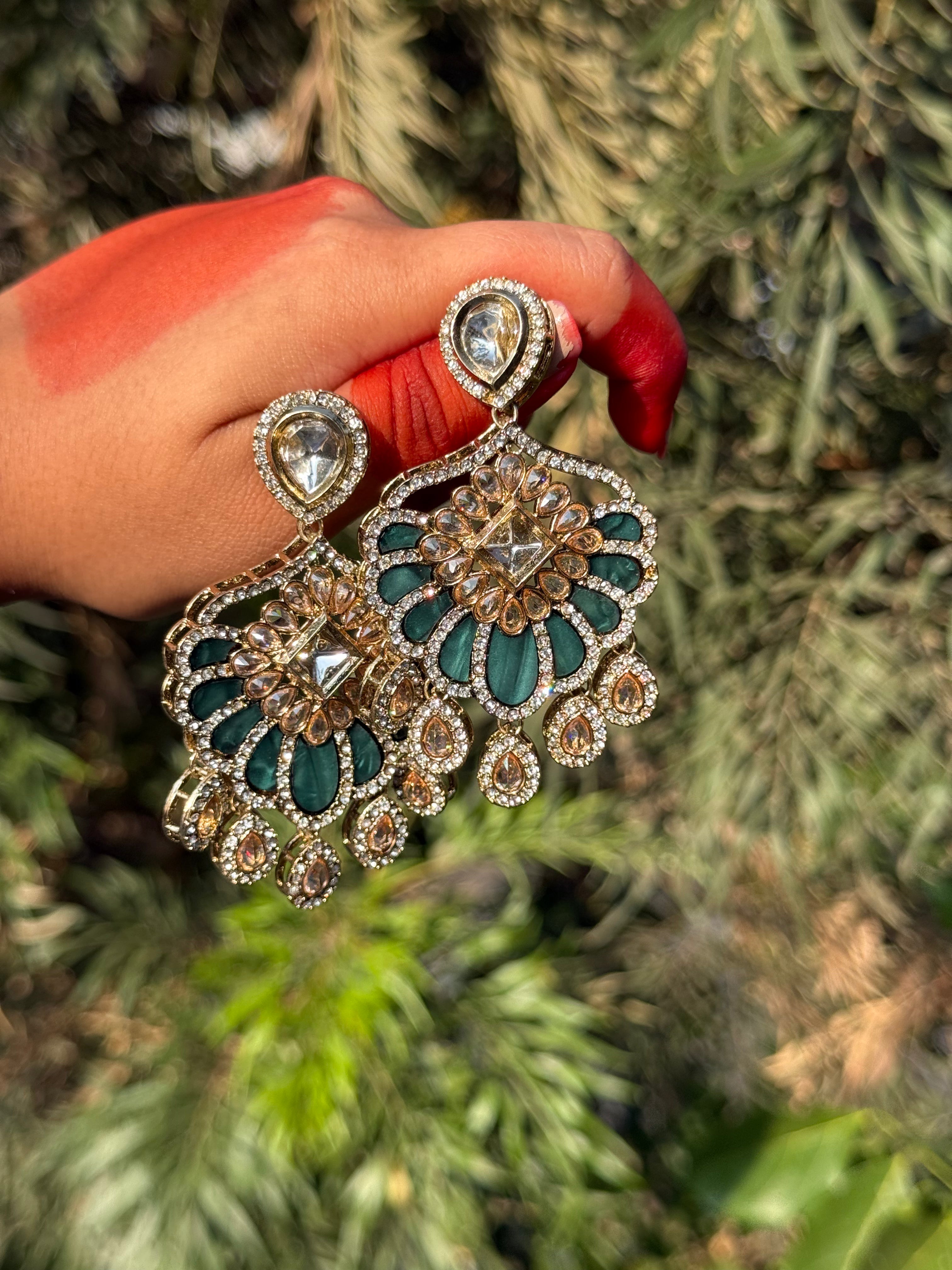 Elaria Kundan Floral Drops - Forest Green