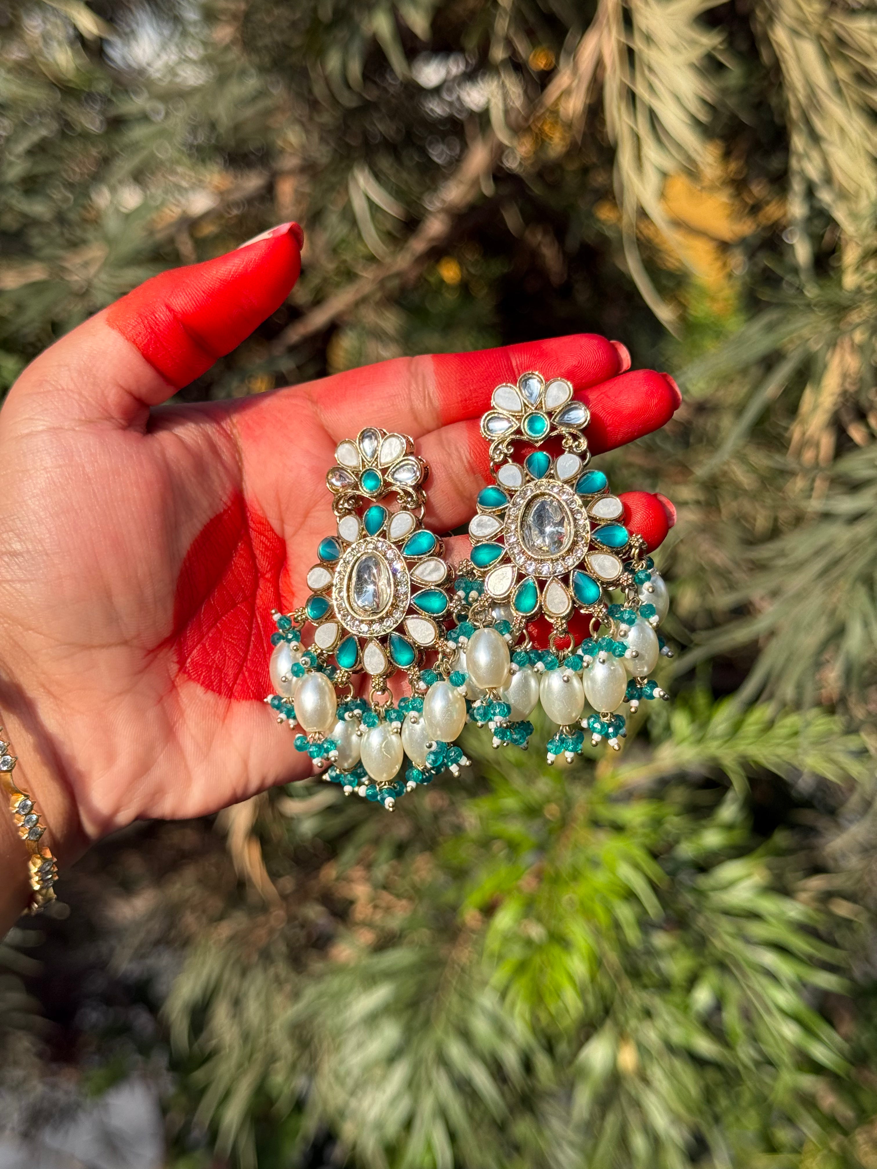 Bloom Chandbali Drops - Aqua Sage