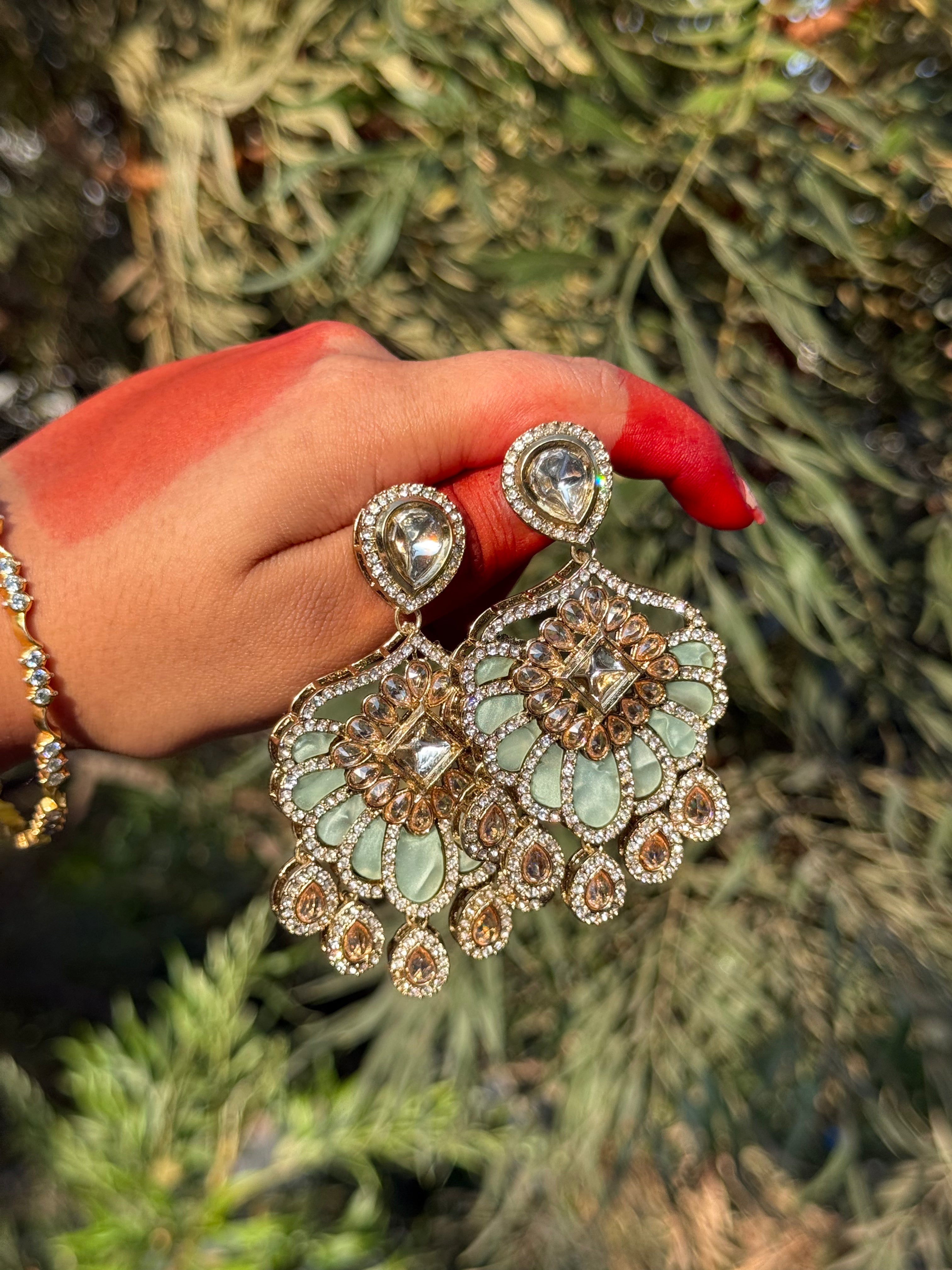 Elaria Kundan Floral Drops - Mint Muse