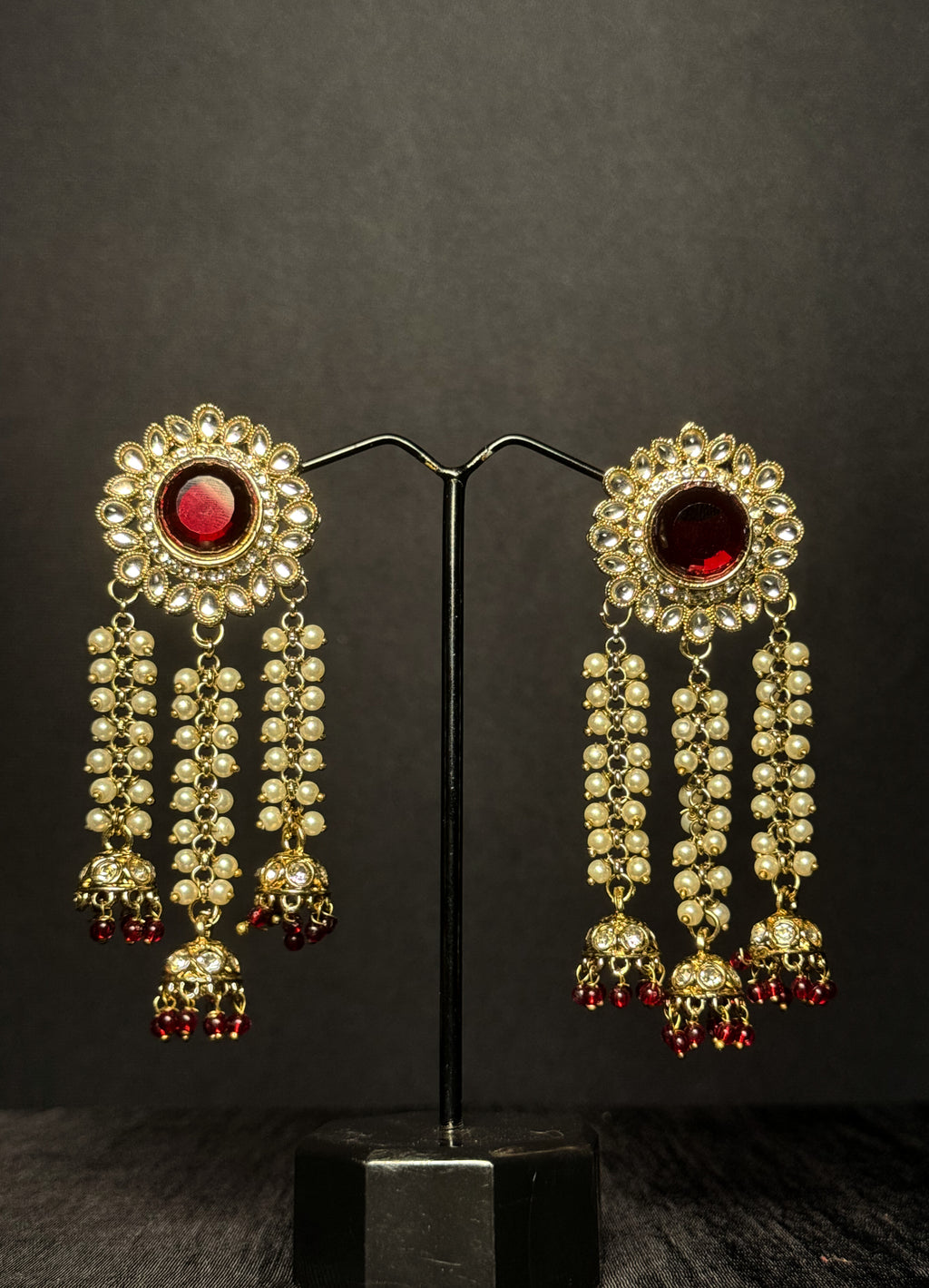 Noorza Kundan Tassel Drops - Ruby Red