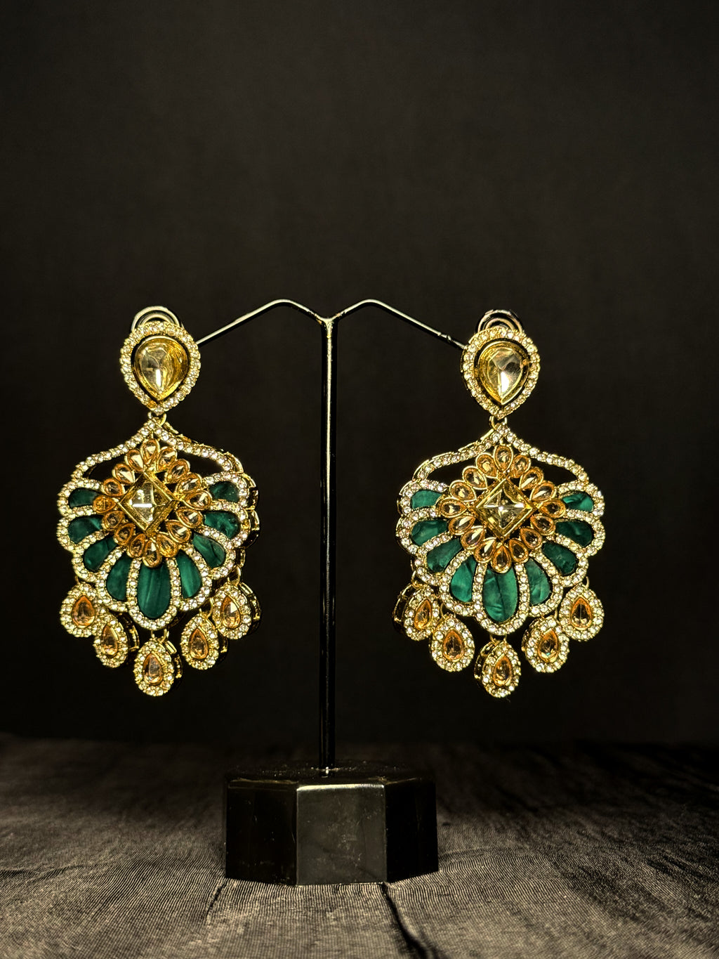Elaria Kundan Floral Drops - Forest Green