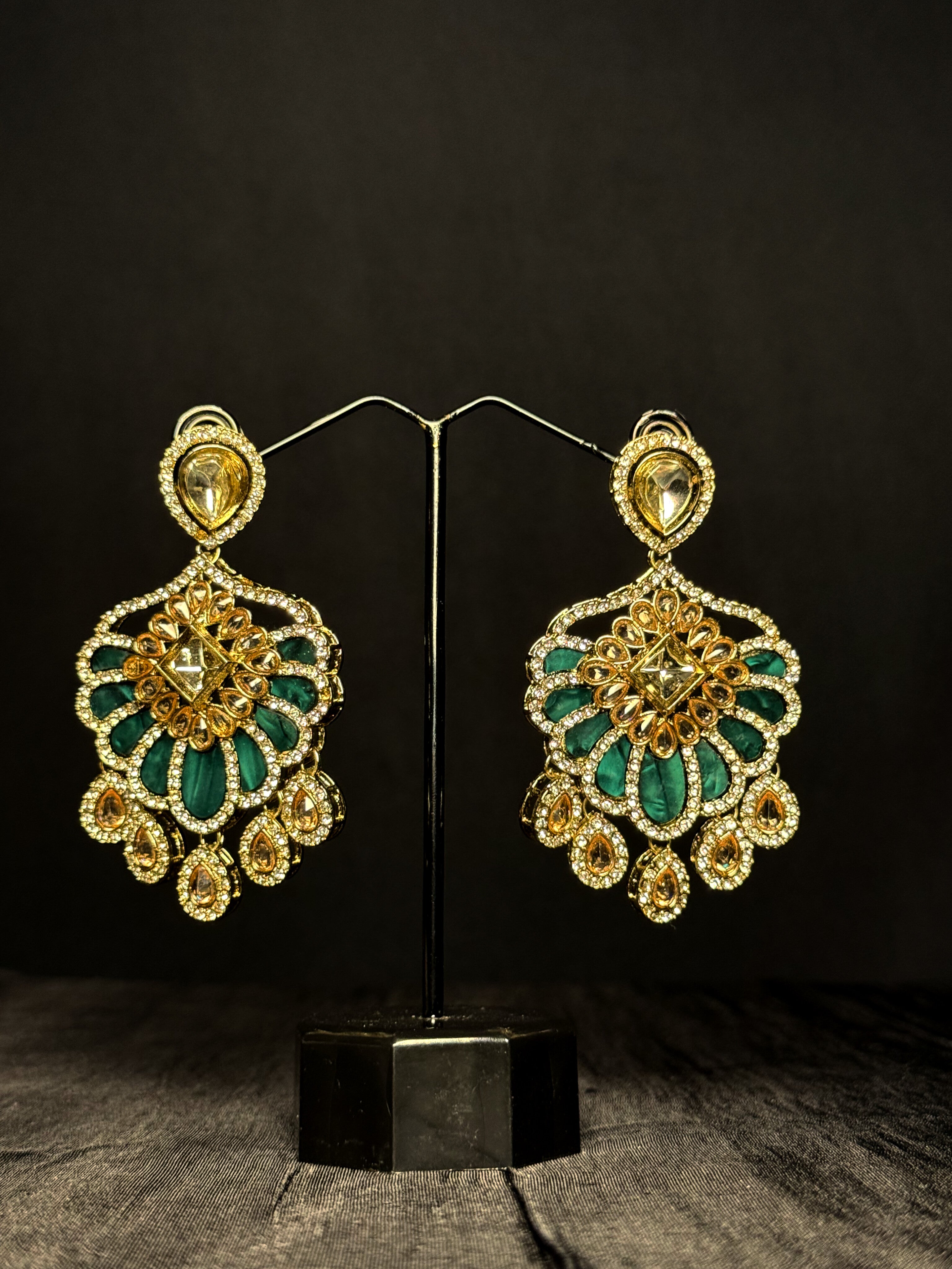 Elaria Kundan Floral Drops - Forest Green