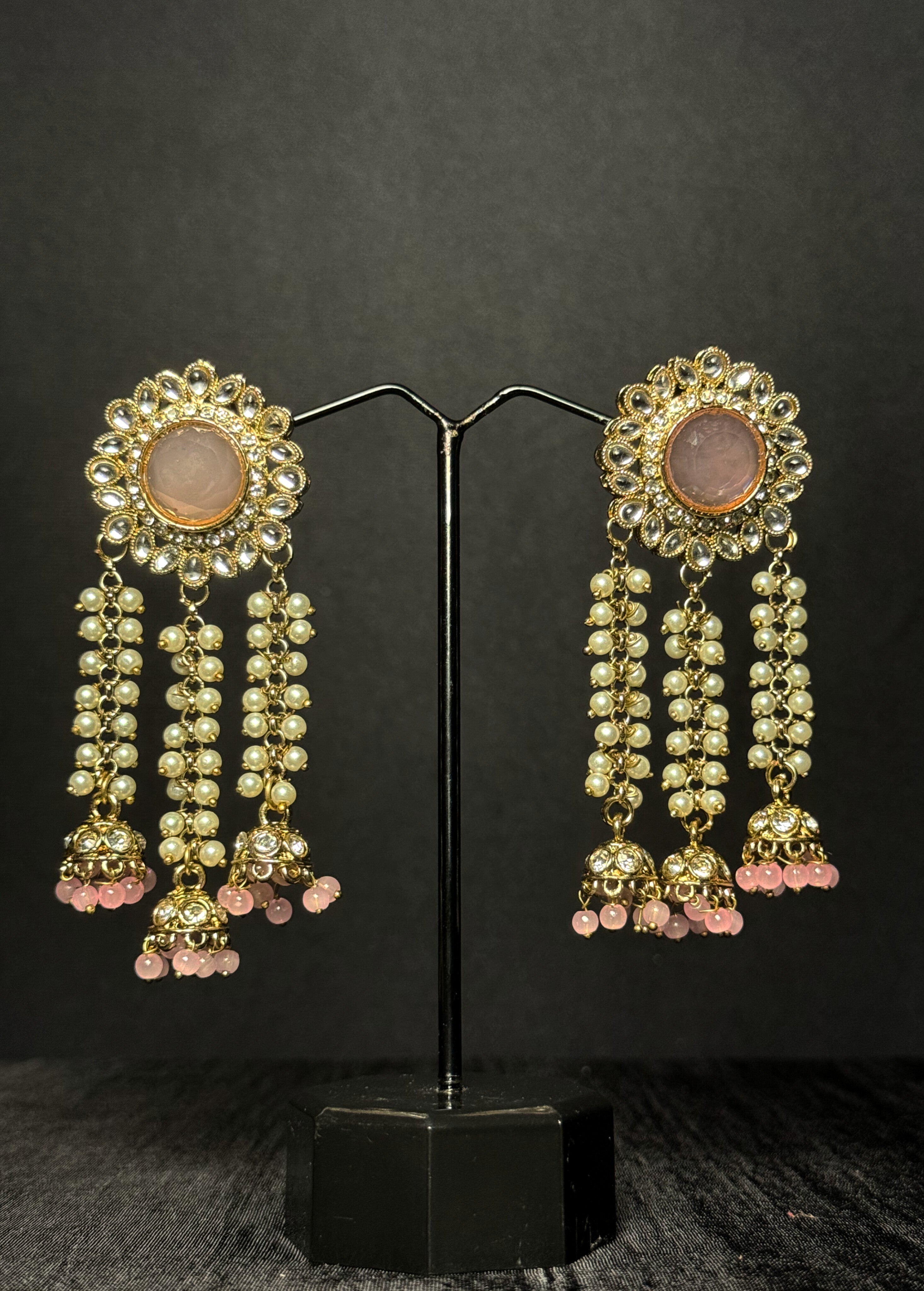 Noorza Kundan Tassel Drops - Blush Petal
