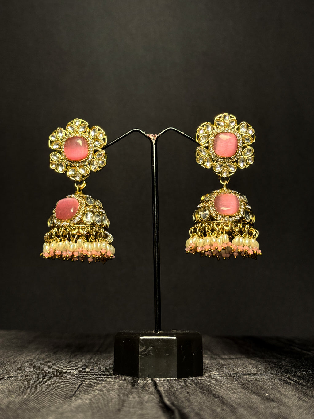 Ruhani Kundan Jhumkas - Pink Rose Bloom