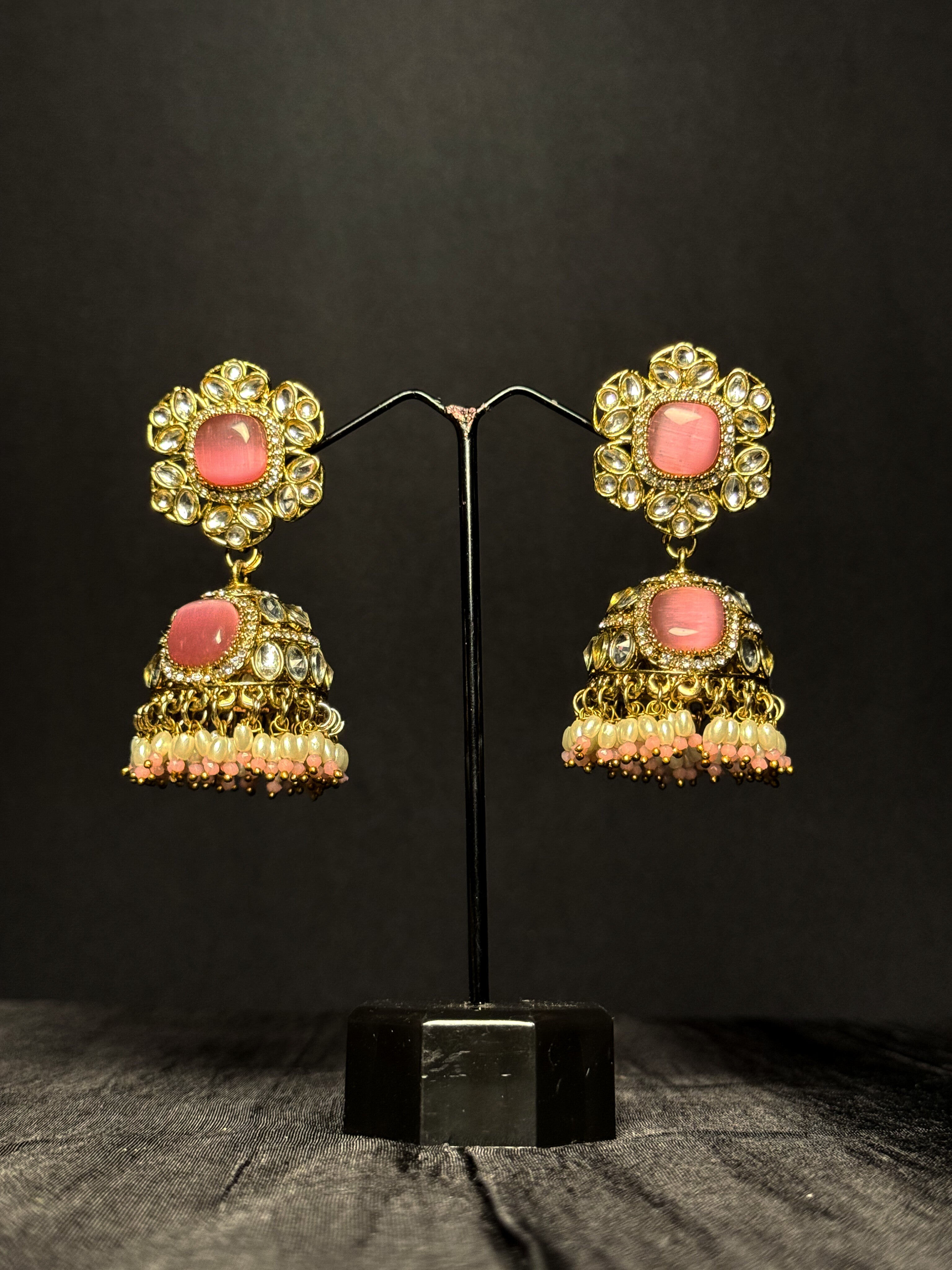 Ruhani Kundan Jhumkas - Pink Rose Bloom